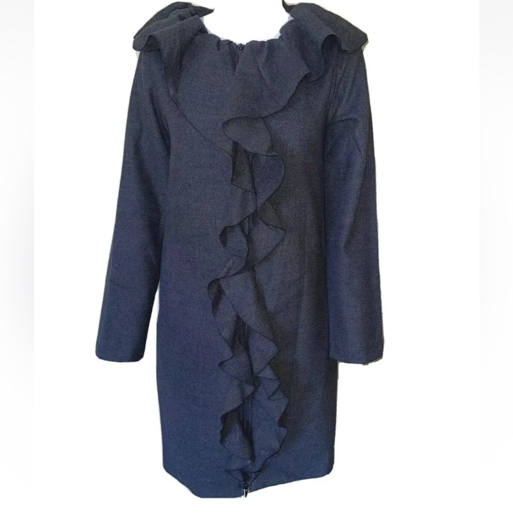 Rachel Roy Dressy Long Gray Ruffle Front Coat